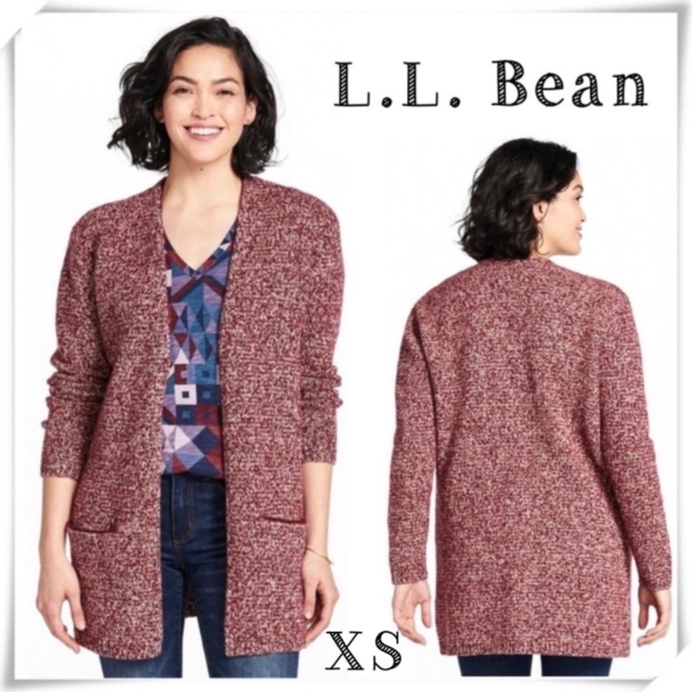 L.L.Bean Cotton Ragg Sweater Open Front Shrugs Lounge Long Cardigan Red Size XS